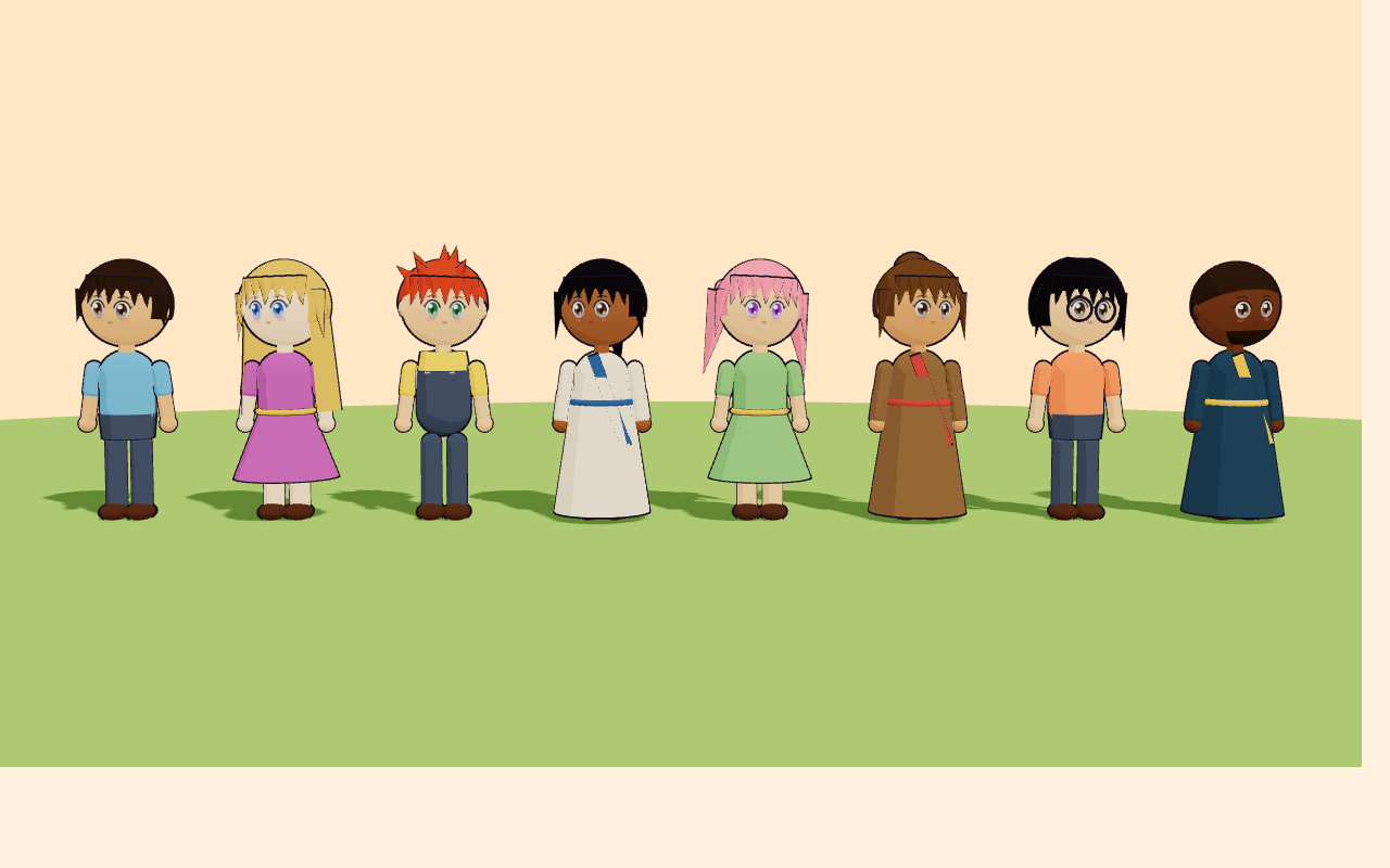 A row of MyDigitalWorlds anime characters in robes, dresses and everyday clothes