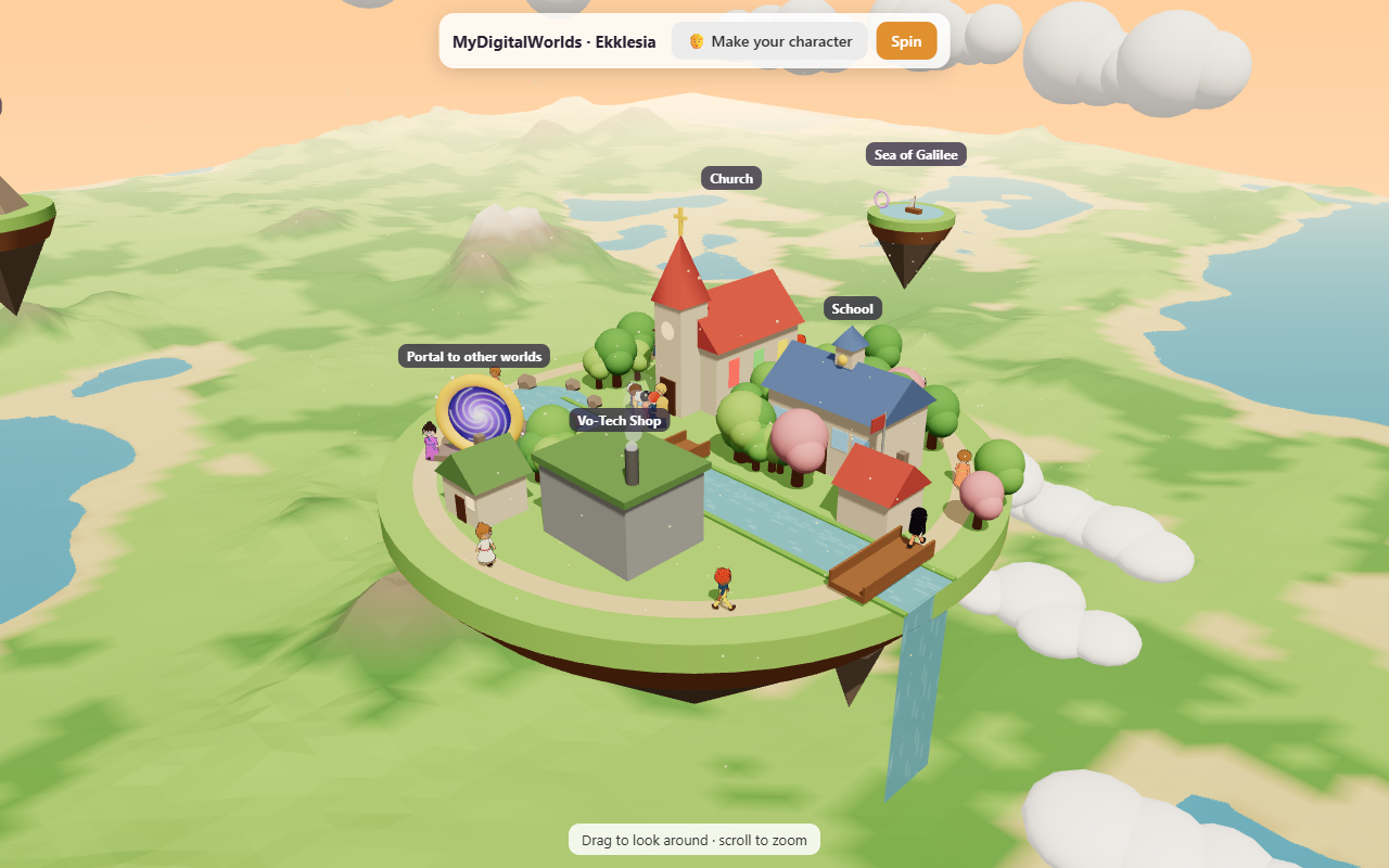 The floating island of Ekklesia, with a church, school, vo-tech shop, river, waterfall and a glowing portal