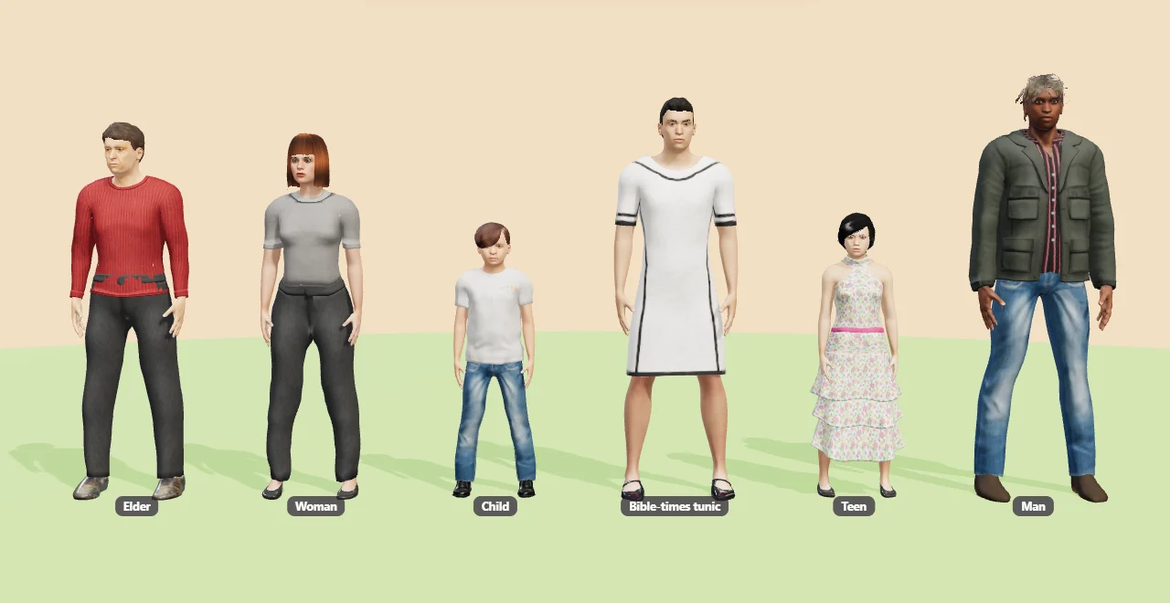 A row of realistic MyDigitalWorlds people: an elder, a woman, a child, a man in a Bible-times tunic, a teen and a man
